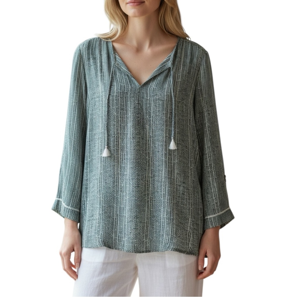 Light Teal Textured V-Neck Tassel Tunic Top - Women